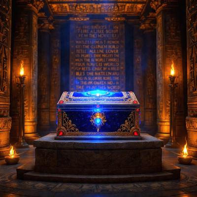 The primary subject of the image is a blue box, which is placed on a stone pedestal. The setting is a room with a stone wall, and the visual style appears to be a combination of photo and digital art. The colors in the image are predominantly blue and gold, creating a sense of elegance and sophistication.